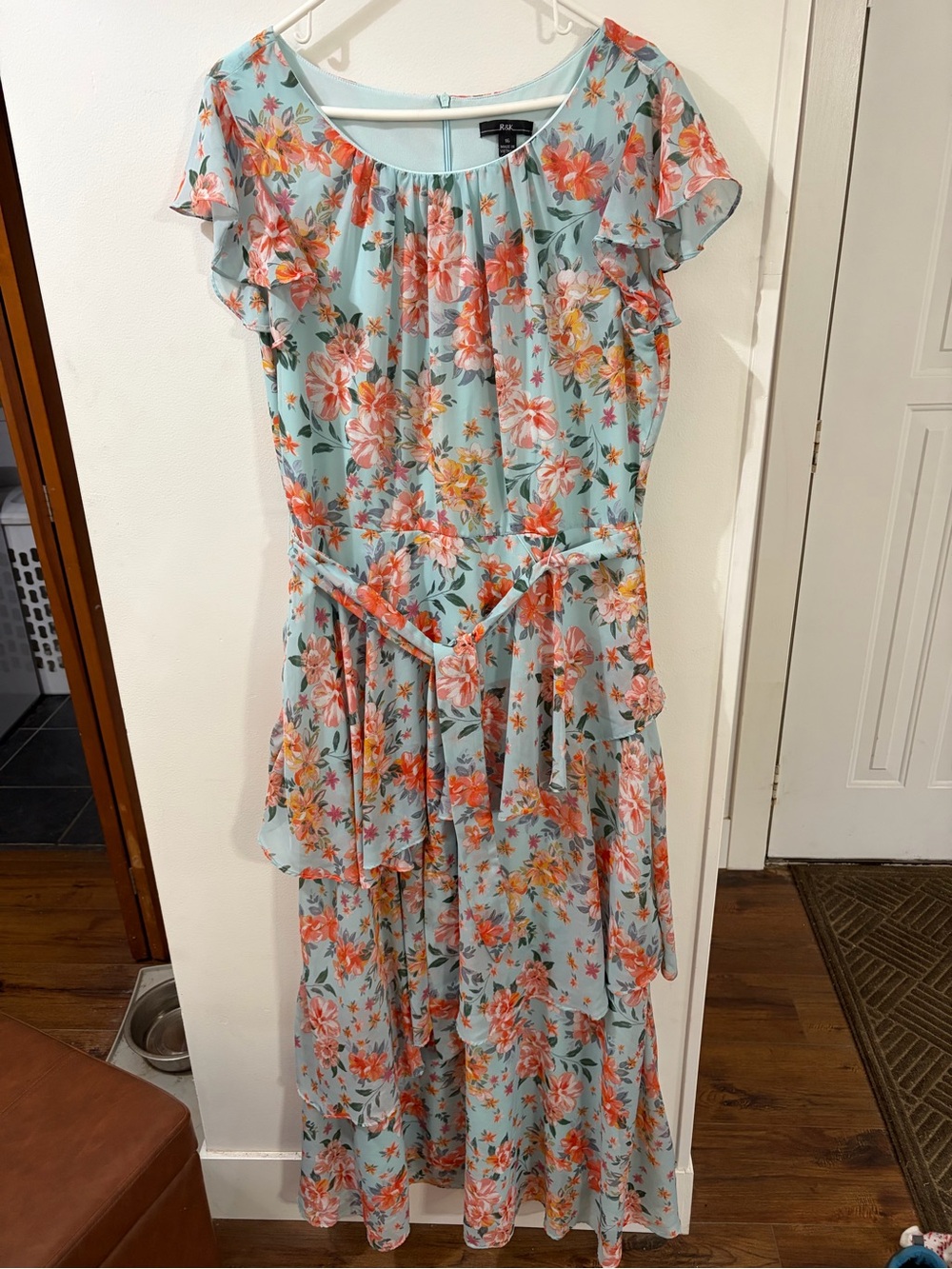 R&K Floral Tiered Maxi Dress in Light Blue and Coral